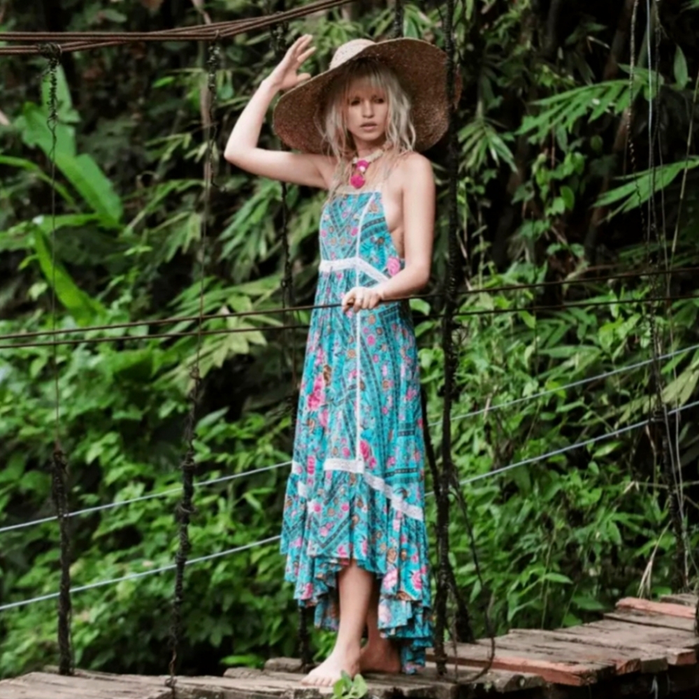 Spell & The Gypsy Babushka Babs Strappy Midi Dress Small Turquoise High Low Blue
